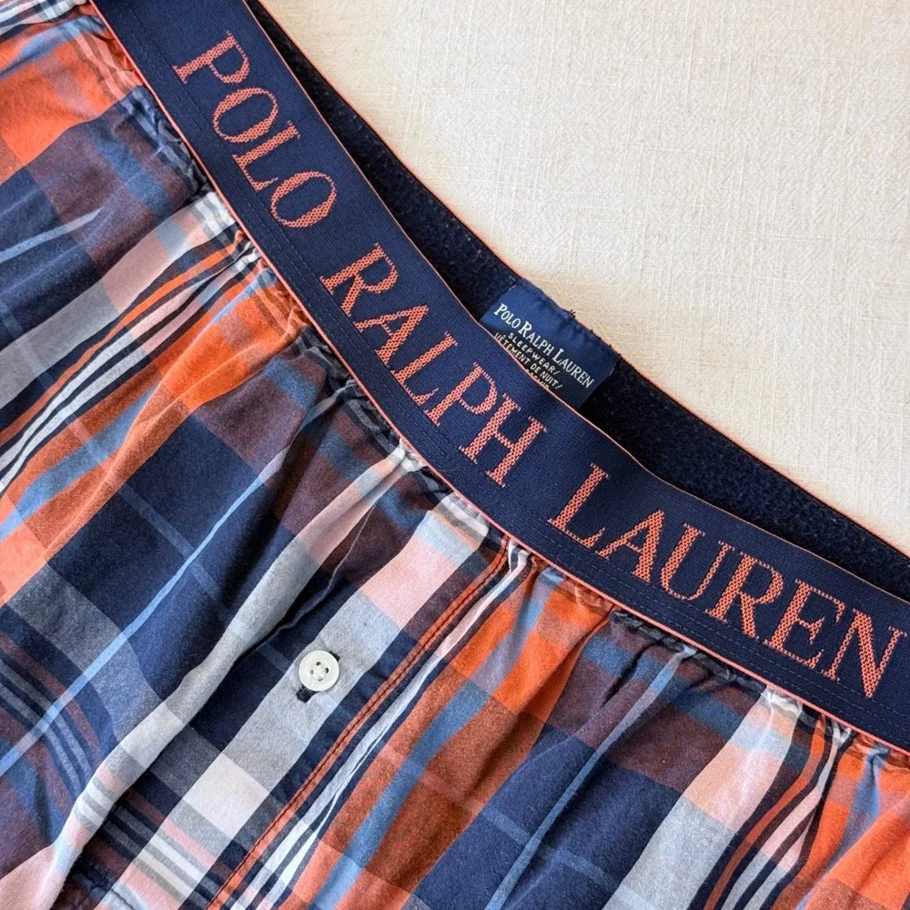 Polo Ralph Lauren Mens Orange Navy‎ Blue Plaid Cotton Sleepwear Pajama Pants Med